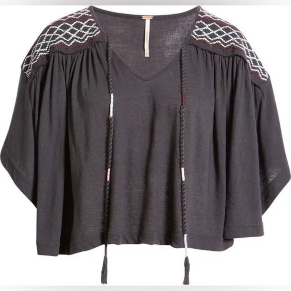 Free People || Market Embroidered V-Neck Top Gray XS NWT - Picture 1 of 6